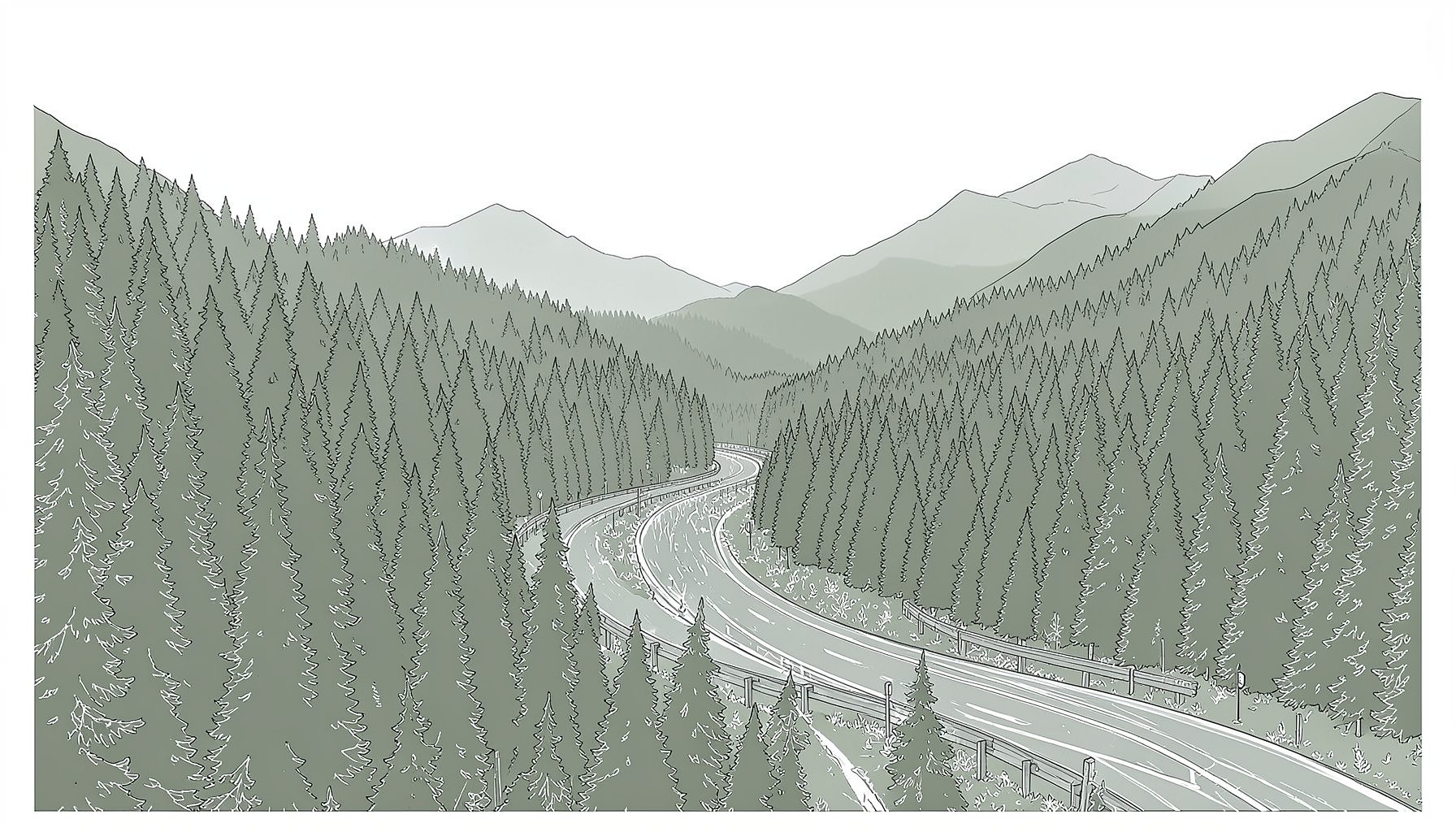 A winding mountain highway cutting through dense evergreen forest under a soft overcast sky, with muted greens and greys dominating the scene.