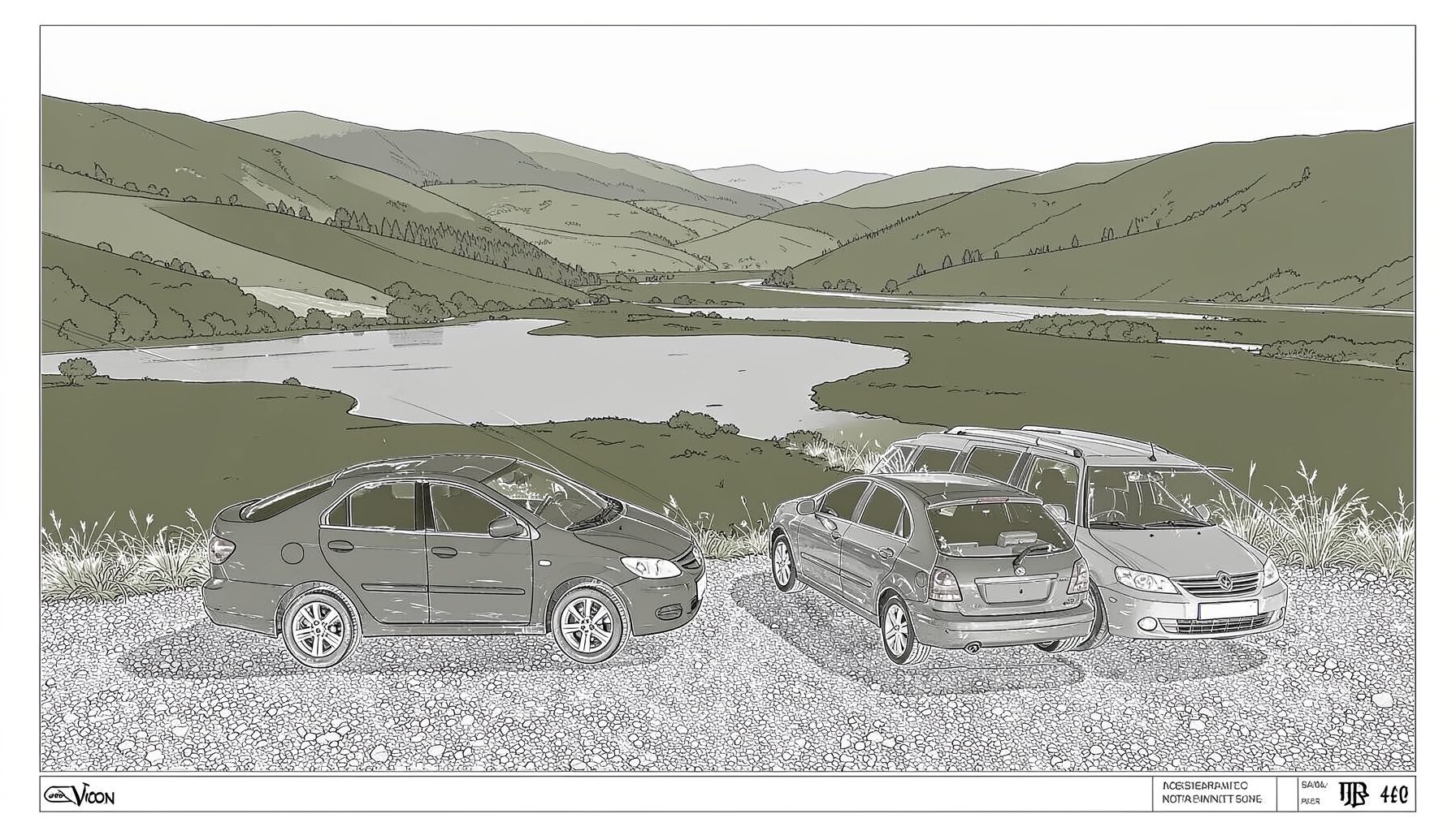 Two cars parked side by side on a gravel shoulder overlooking a broad river valley, muted olive and slate tones, quiet community-minded atmosphere.