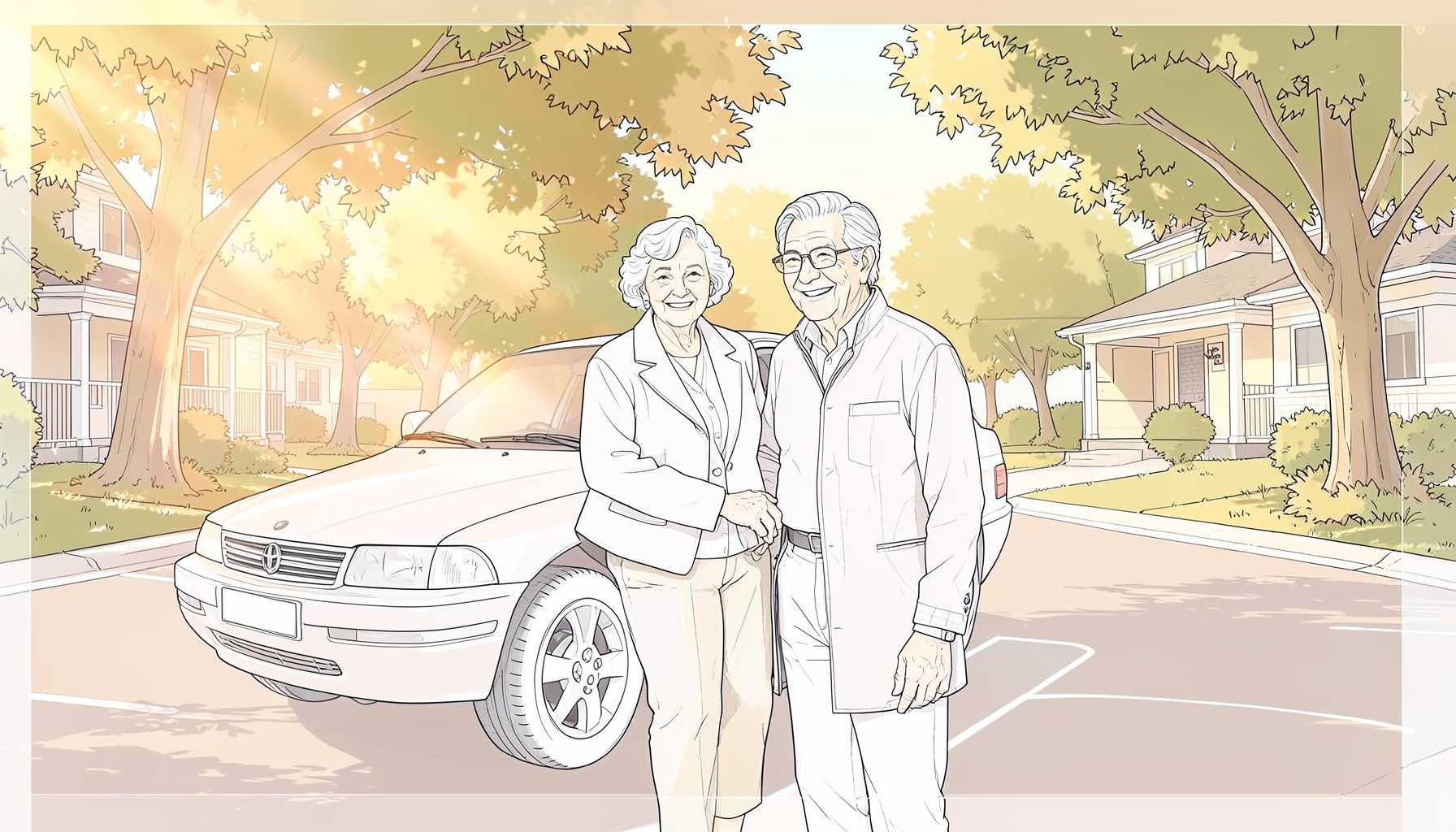 A warm, softly lit illustration of two older adults smiling together near a parked car on a quiet residential street, with golden afternoon light filtering through trees.