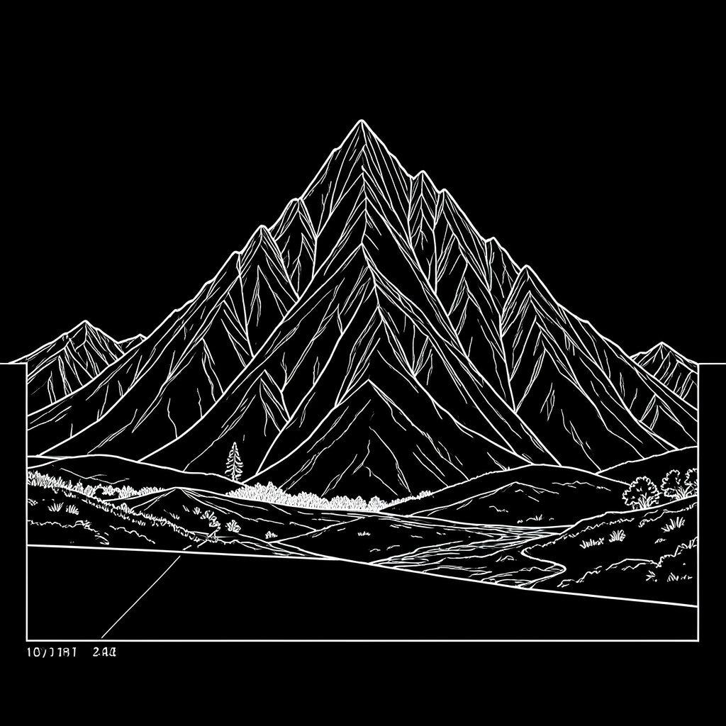 Snow-dusted mountain peaks rising above a forested valley, soft grey-green palette, serene and vast.